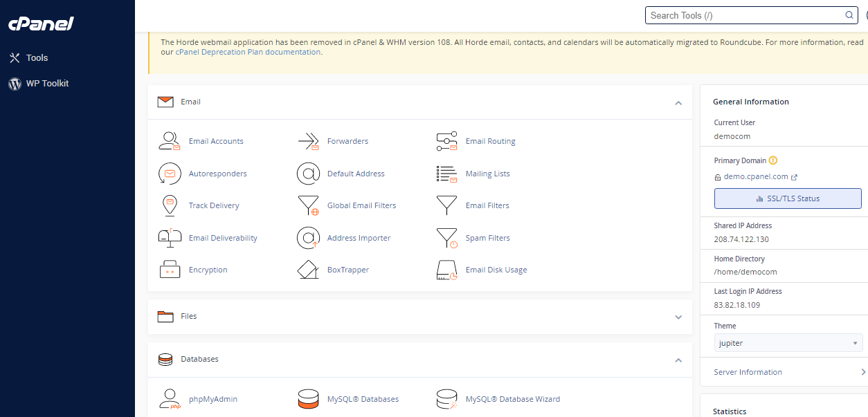 cPanel Control Panel Interface