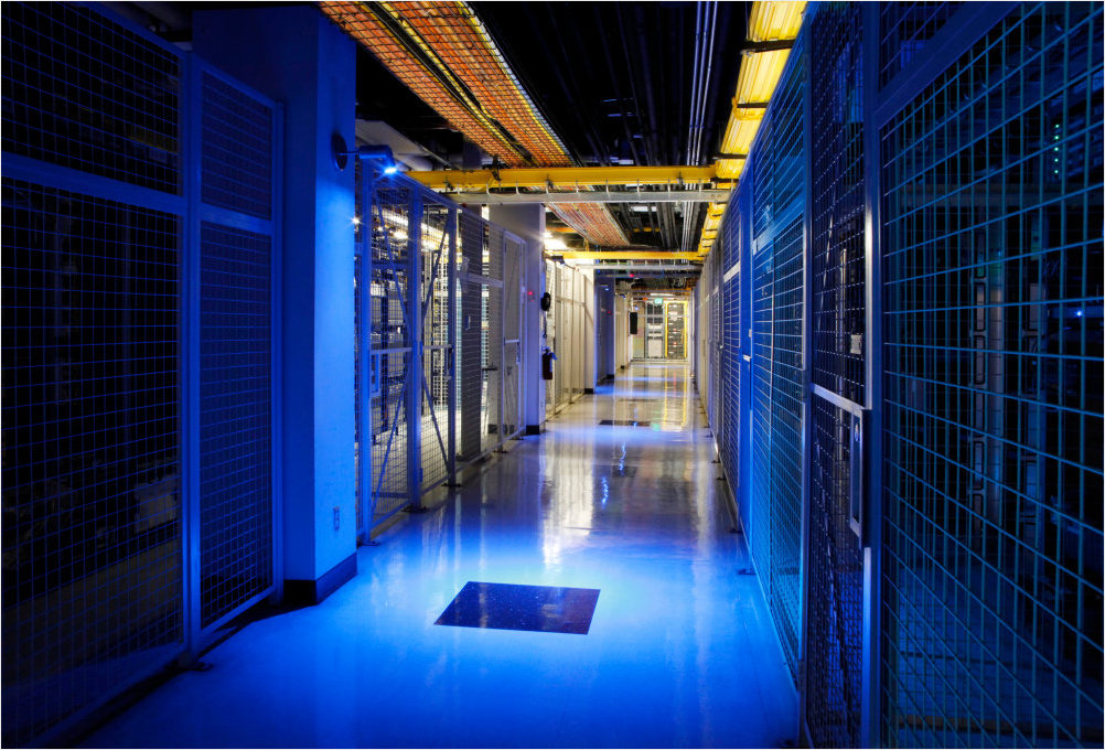 Data center server infrastructure showing network connectivity and peering connections